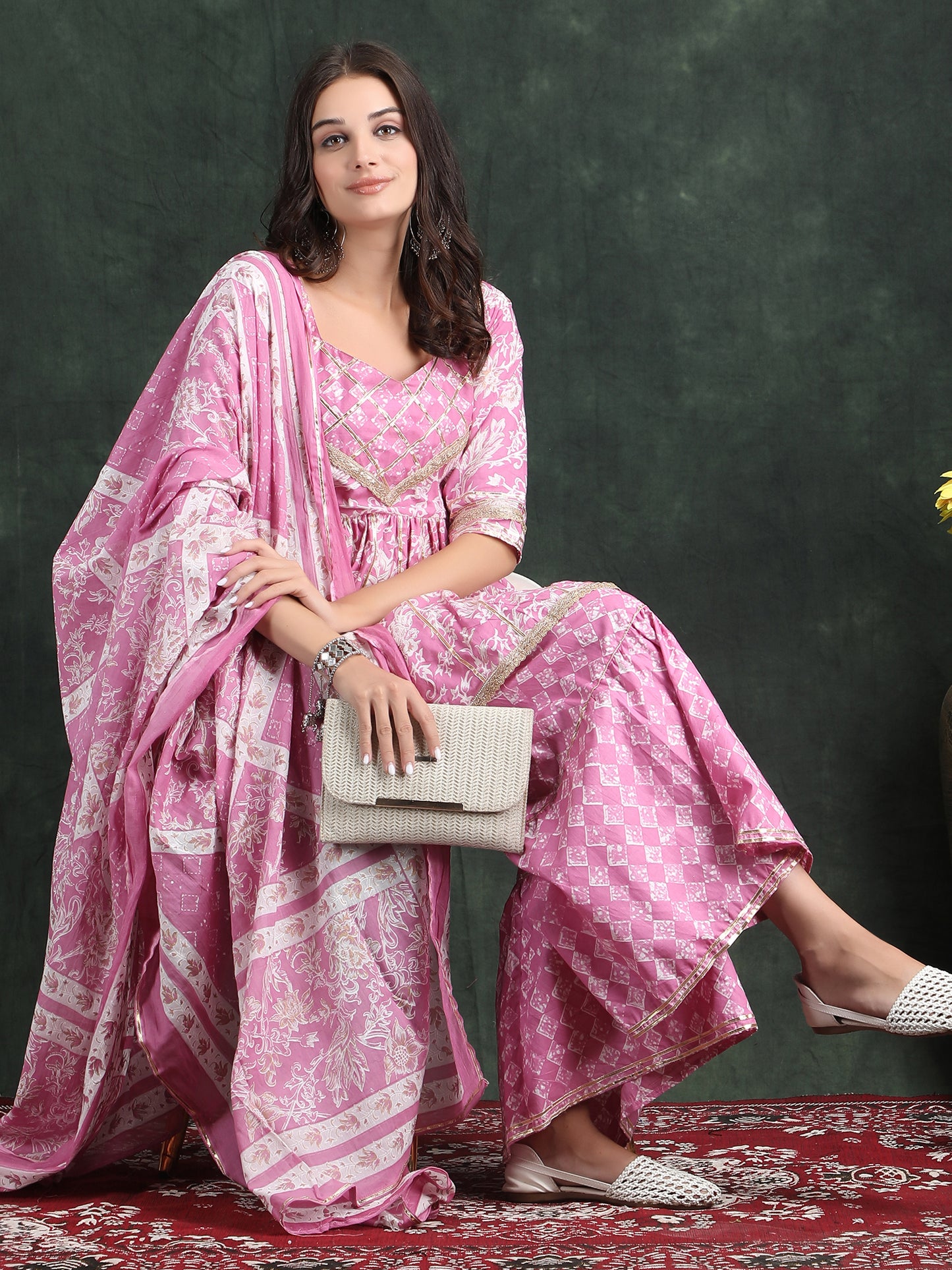 suit set pink floral print sarara set from label preesha
